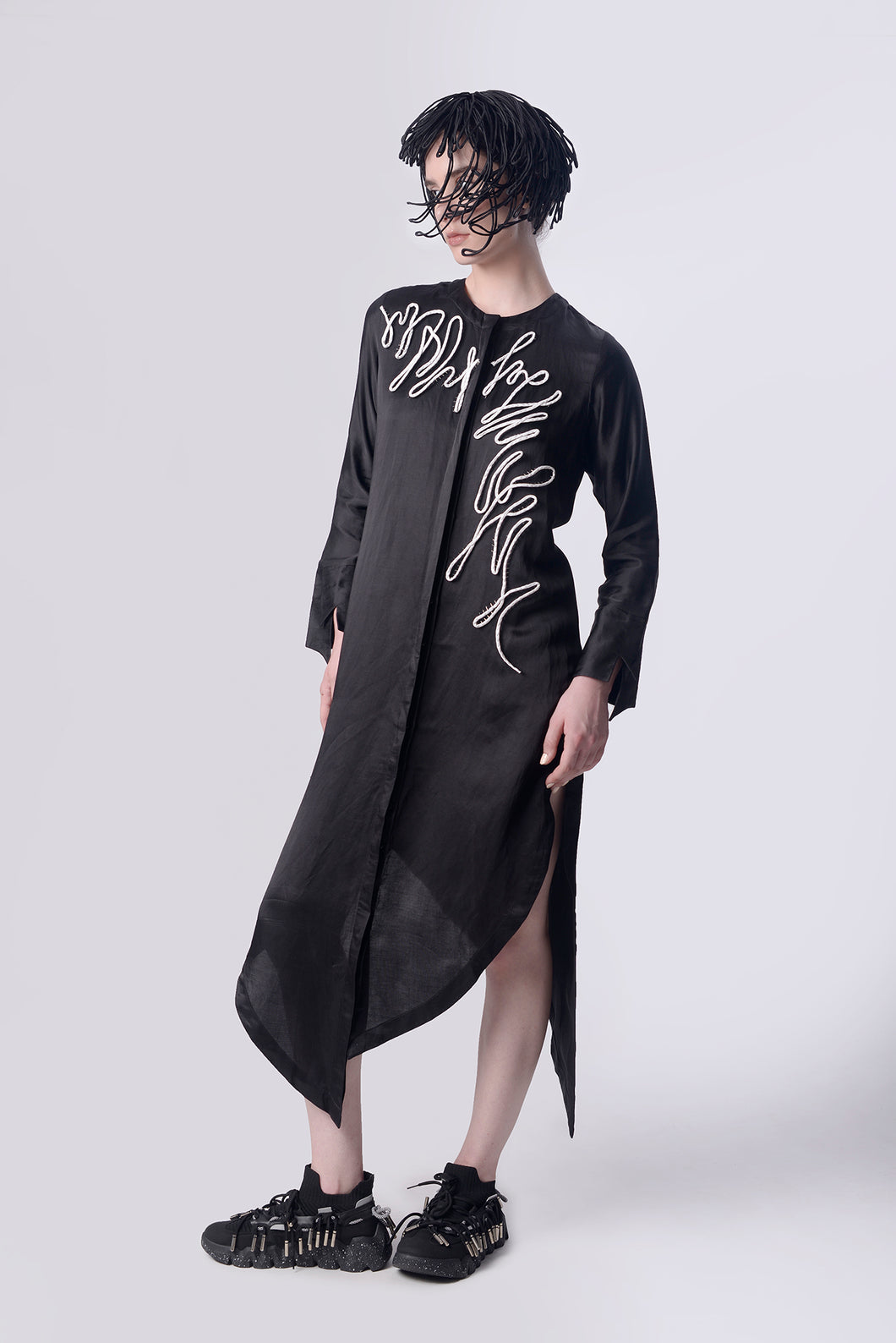 Black Scribble Assymetric Shirt Dress