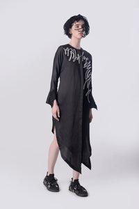 Black Scribble Assymetric Shirt Dress